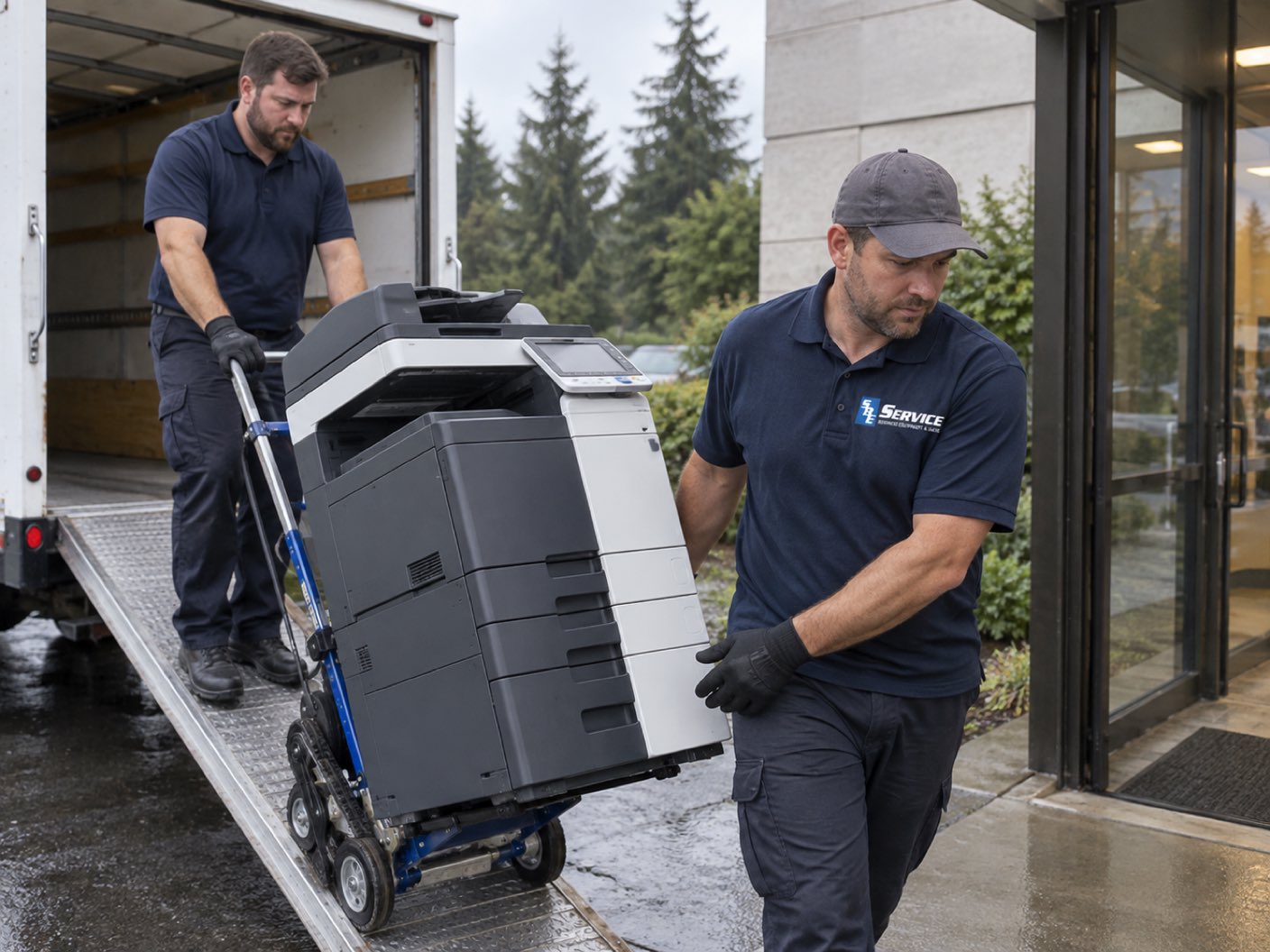 Two technicians easing a large Konica Minolta copier down the ramp of a van on a stair climbing trolley, outside an office building on a wet day.