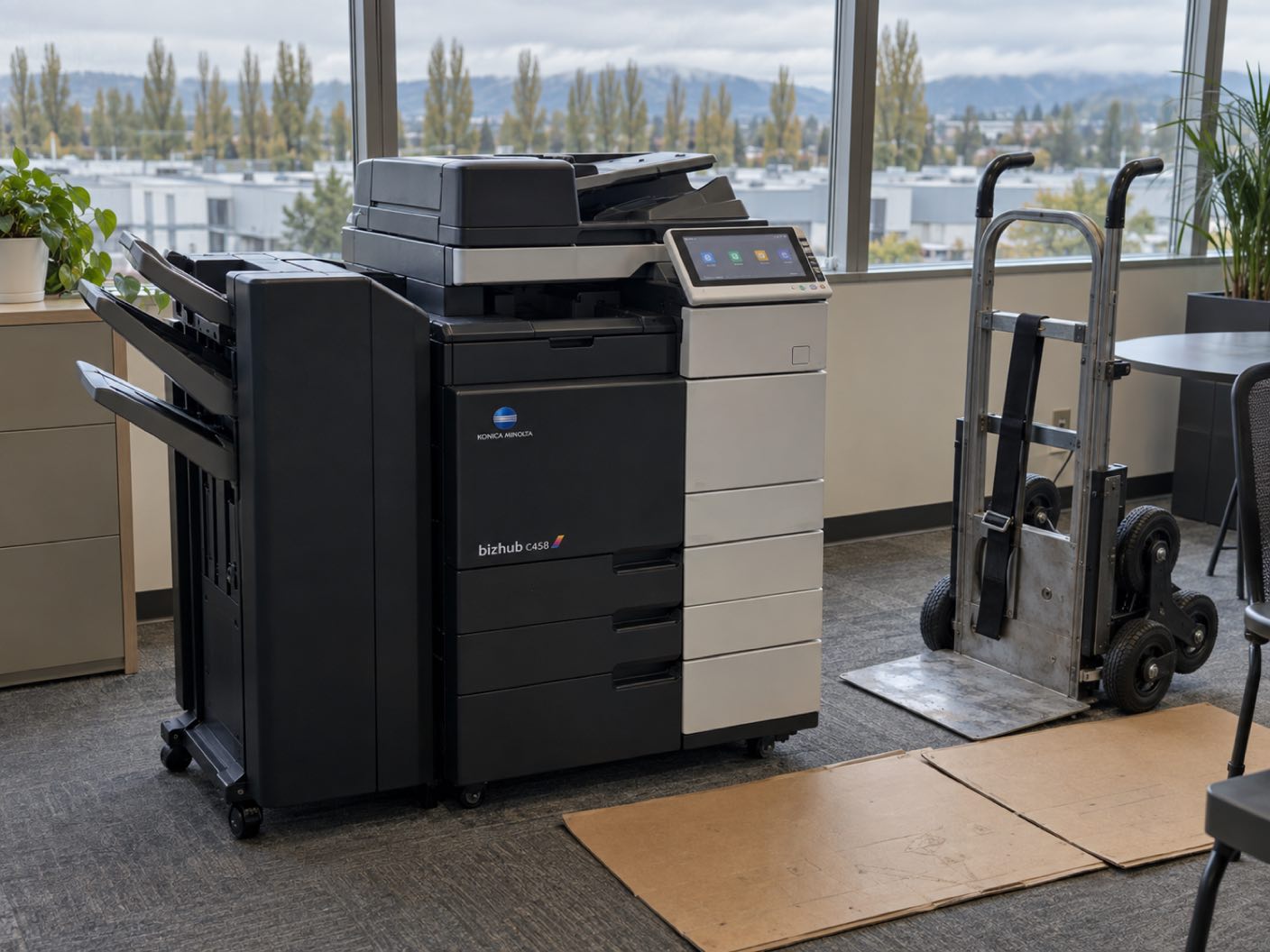A Konica Minolta bizhub C458 copier newly delivered and standing in position, a delivery trolley and floor protection beside it, in an office above a flat valley of warehouse units and a line of poplars.