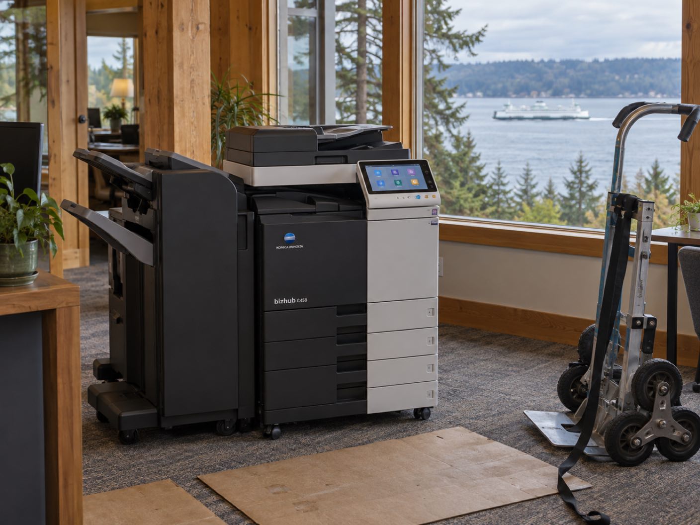 A Konica Minolta bizhub C458 copier newly delivered and standing in position, a delivery trolley and floor protection beside it, in a timber framed office among tall evergreens, a ferry crossing open water beyond.