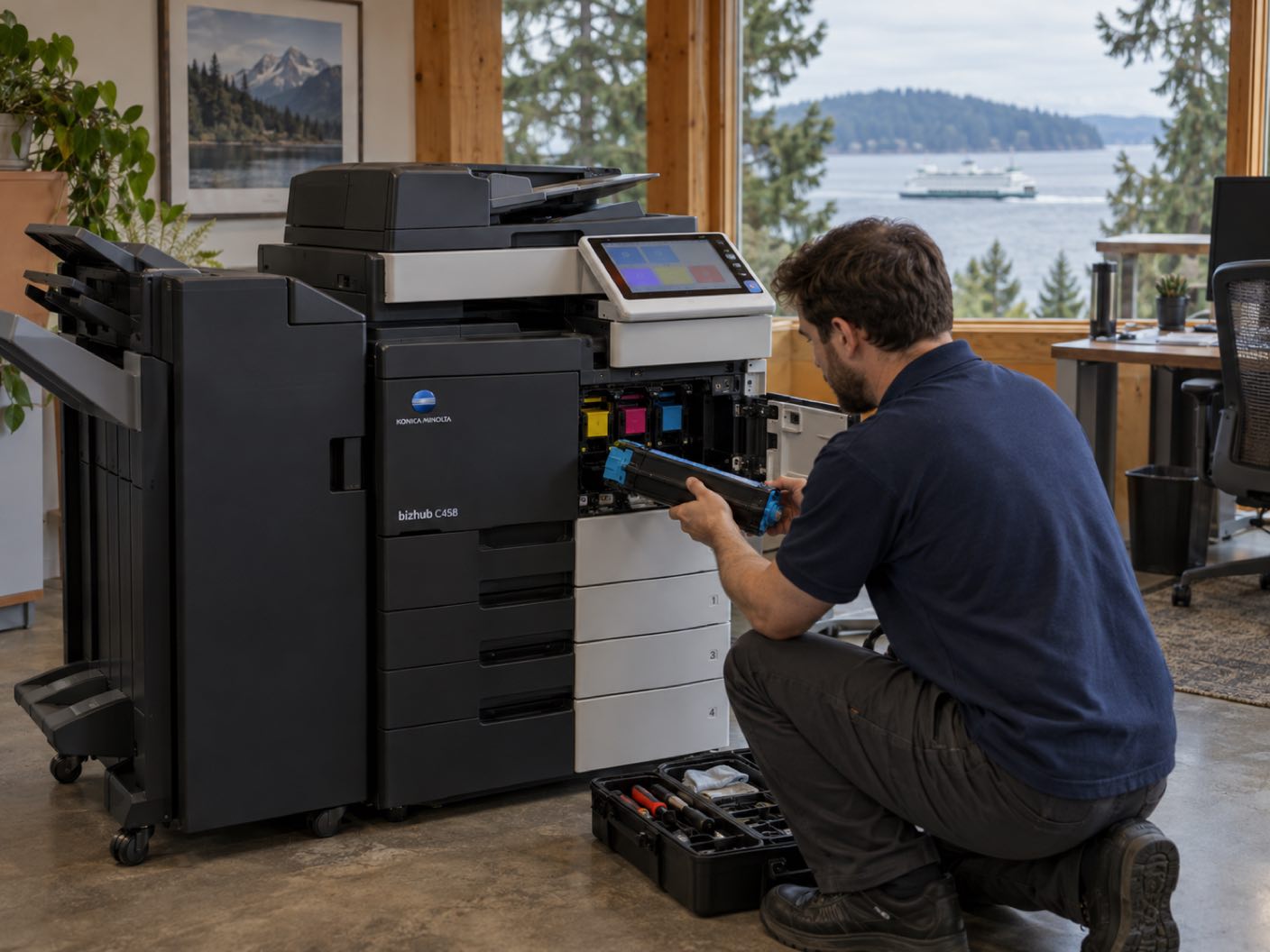 A technician kneeling at the open front of a Konica Minolta bizhub C458 copier, fitting a cyan toner cartridge, in a timber framed office among tall evergreens, a ferry crossing open water beyond.