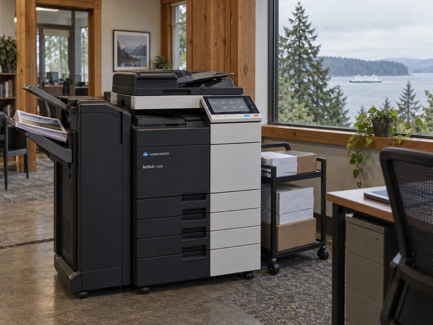 A Konica Minolta bizhub C458 copier standing ready with printed colour pages in its output tray, in a timber framed office among tall evergreens, a ferry crossing open water beyond.