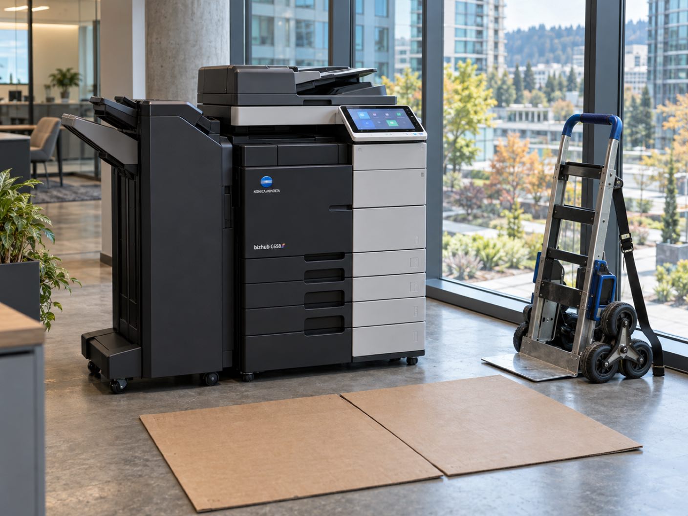 A Konica Minolta bizhub C658 copier newly delivered and standing in position, a delivery trolley and floor protection beside it, in a corporate office above a landscaped plaza and modern mid rise towers.