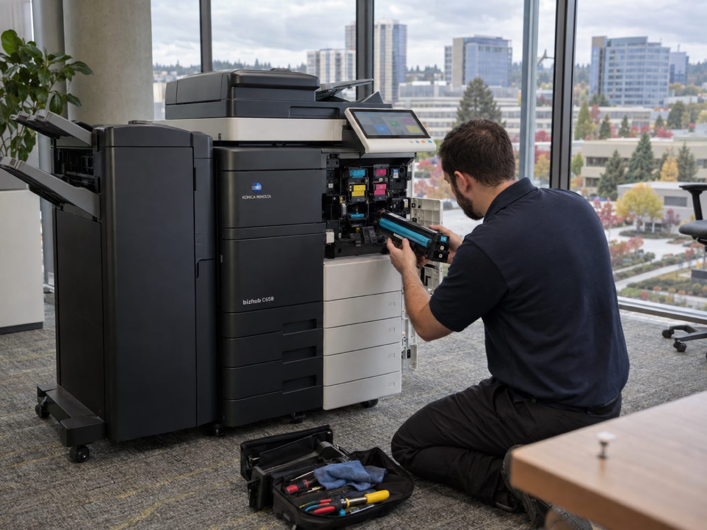 A technician kneeling at the open front of a Konica Minolta bizhub C658 copier, fitting a cyan toner cartridge, in a corporate office above a landscaped plaza and modern mid rise towers.