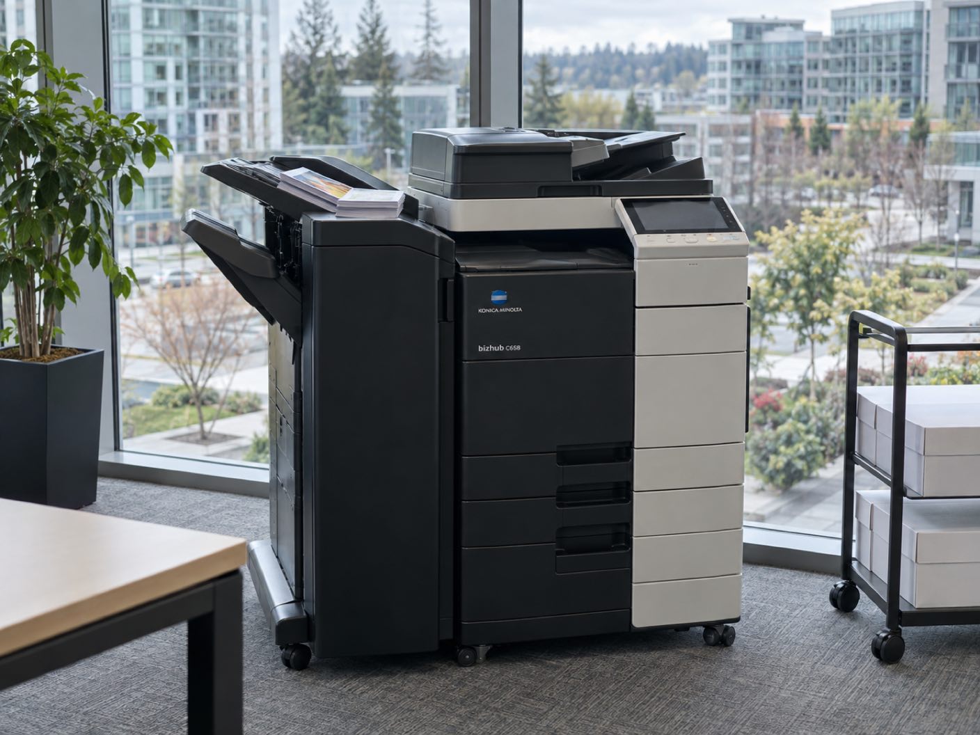 A Konica Minolta bizhub C658 copier standing ready with printed colour pages in its output tray, in a corporate office above a landscaped plaza and modern mid rise towers.