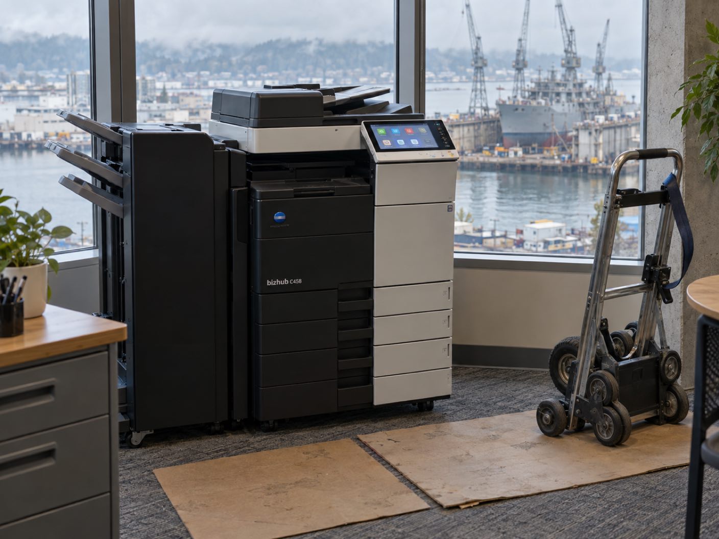 A Konica Minolta bizhub C458 copier newly delivered and standing in position, a delivery trolley and floor protection beside it, in an office over a working naval waterfront of shipyard cranes and a grey vessel.