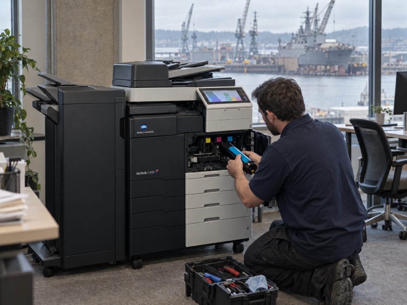A technician kneeling at the open front of a Konica Minolta bizhub C458 copier, fitting a cyan toner cartridge, in an office over a working naval waterfront of shipyard cranes and a grey vessel.