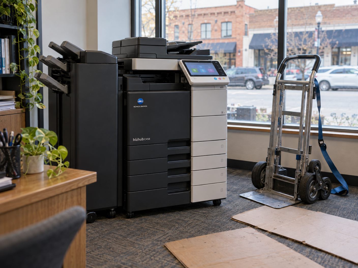 A Konica Minolta bizhub C458 copier newly delivered and standing in position, a delivery trolley and floor protection beside it, in a small office on an older main street, low brick storefronts across the road.