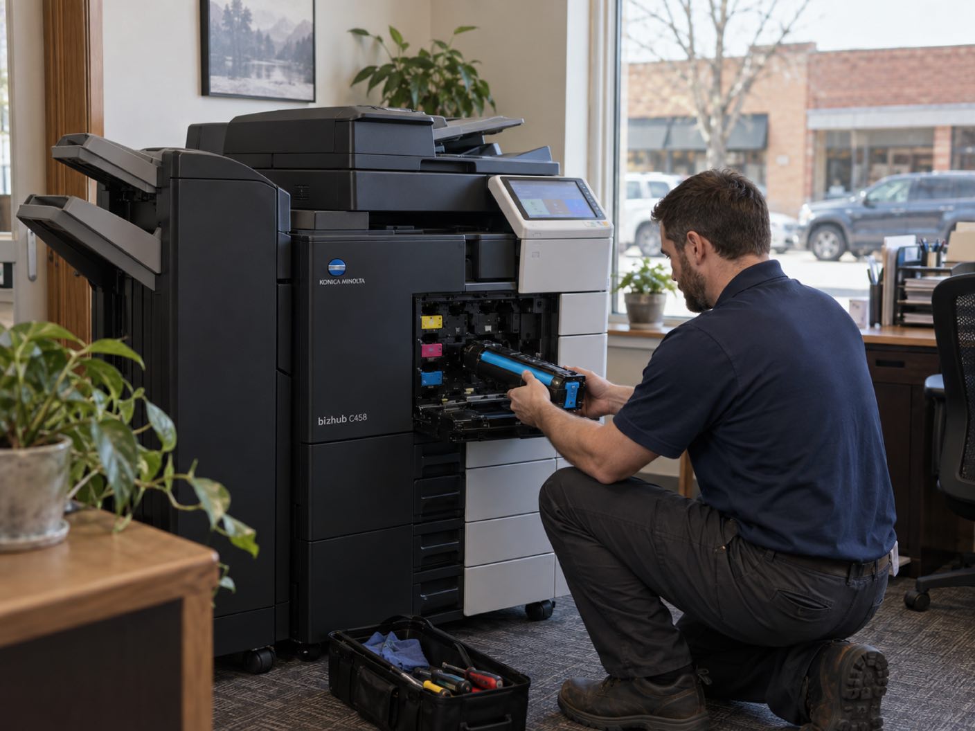 A technician kneeling at the open front of a Konica Minolta bizhub C458 copier, fitting a cyan toner cartridge, in a small office on an older main street, low brick storefronts across the road.