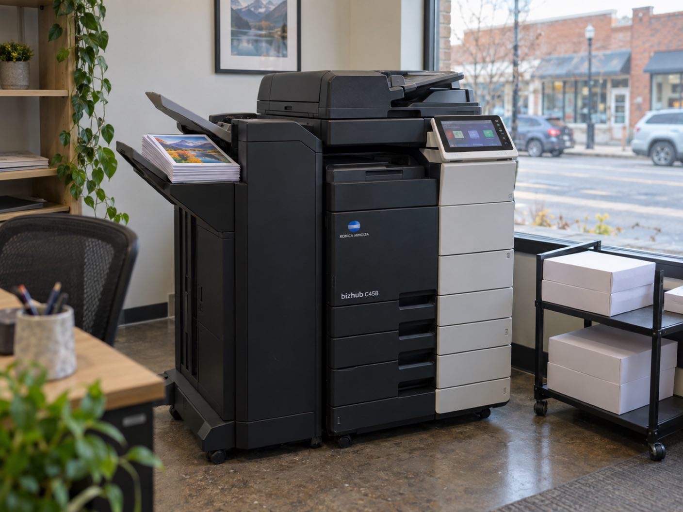 A Konica Minolta bizhub C458 copier standing ready with printed colour pages in its output tray, in a small office on an older main street, low brick storefronts across the road.