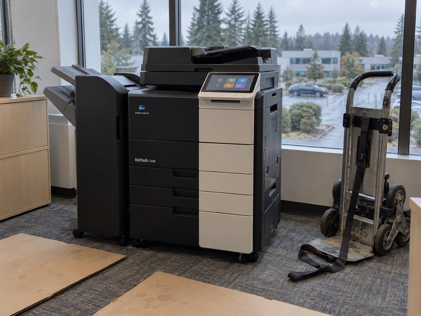 A Konica Minolta bizhub C458 copier newly delivered and standing in position, a delivery trolley and floor protection beside it, in a business park office, low commercial buildings and tall firs through the window.