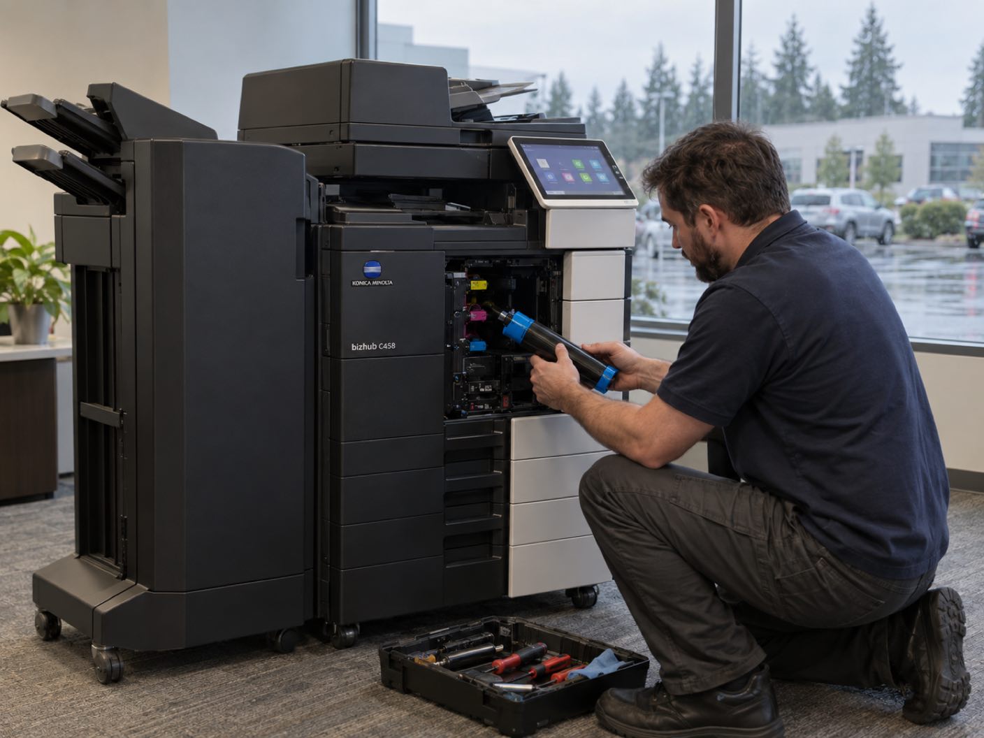A technician kneeling at the open front of a Konica Minolta bizhub C458 copier, fitting a cyan toner cartridge, in a business park office, low commercial buildings and tall firs through the window.