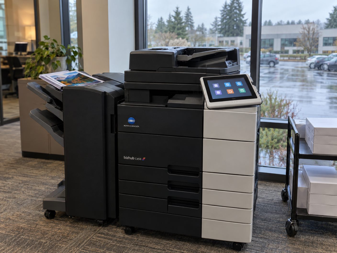 A Konica Minolta bizhub C458 copier standing ready with printed colour pages in its output tray, in a business park office, low commercial buildings and tall firs through the window.