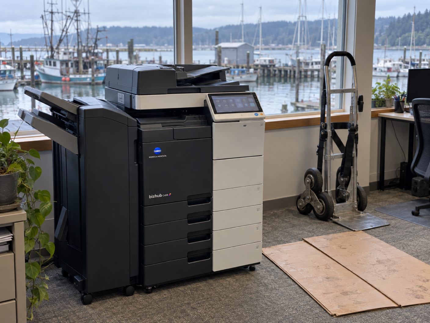 A Konica Minolta bizhub C458 copier newly delivered and standing in position, a delivery trolley and floor protection beside it, in an office over a small working harbour of fishing boats and masts.