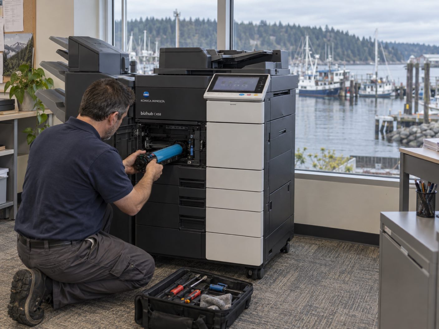 A technician kneeling at the open front of a Konica Minolta bizhub C458 copier, fitting a cyan toner cartridge, in an office over a small working harbour of fishing boats and masts.