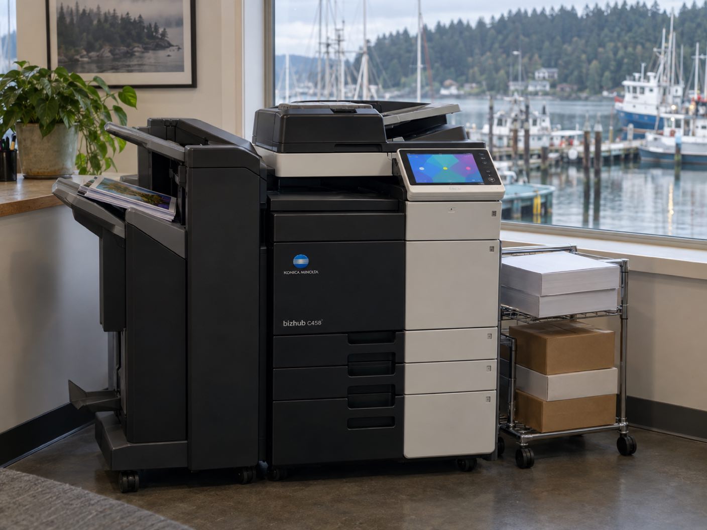 A Konica Minolta bizhub C458 copier standing ready with printed colour pages in its output tray, in an office over a small working harbour of fishing boats and masts.