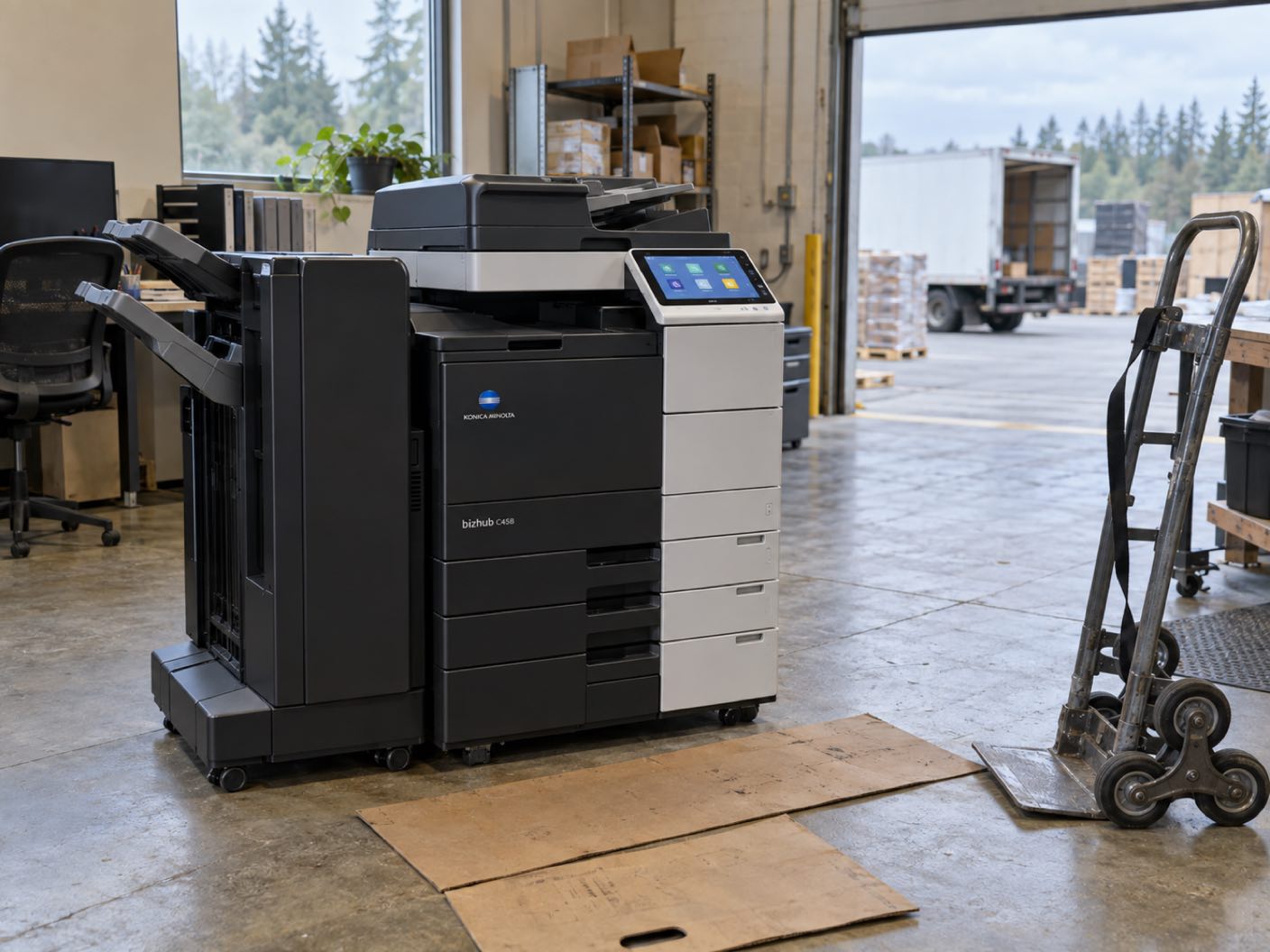 A Konica Minolta bizhub C458 copier newly delivered and standing in position, a delivery trolley and floor protection beside it, in a warehouse back office, an open roller door onto stacked pallets and a box truck.