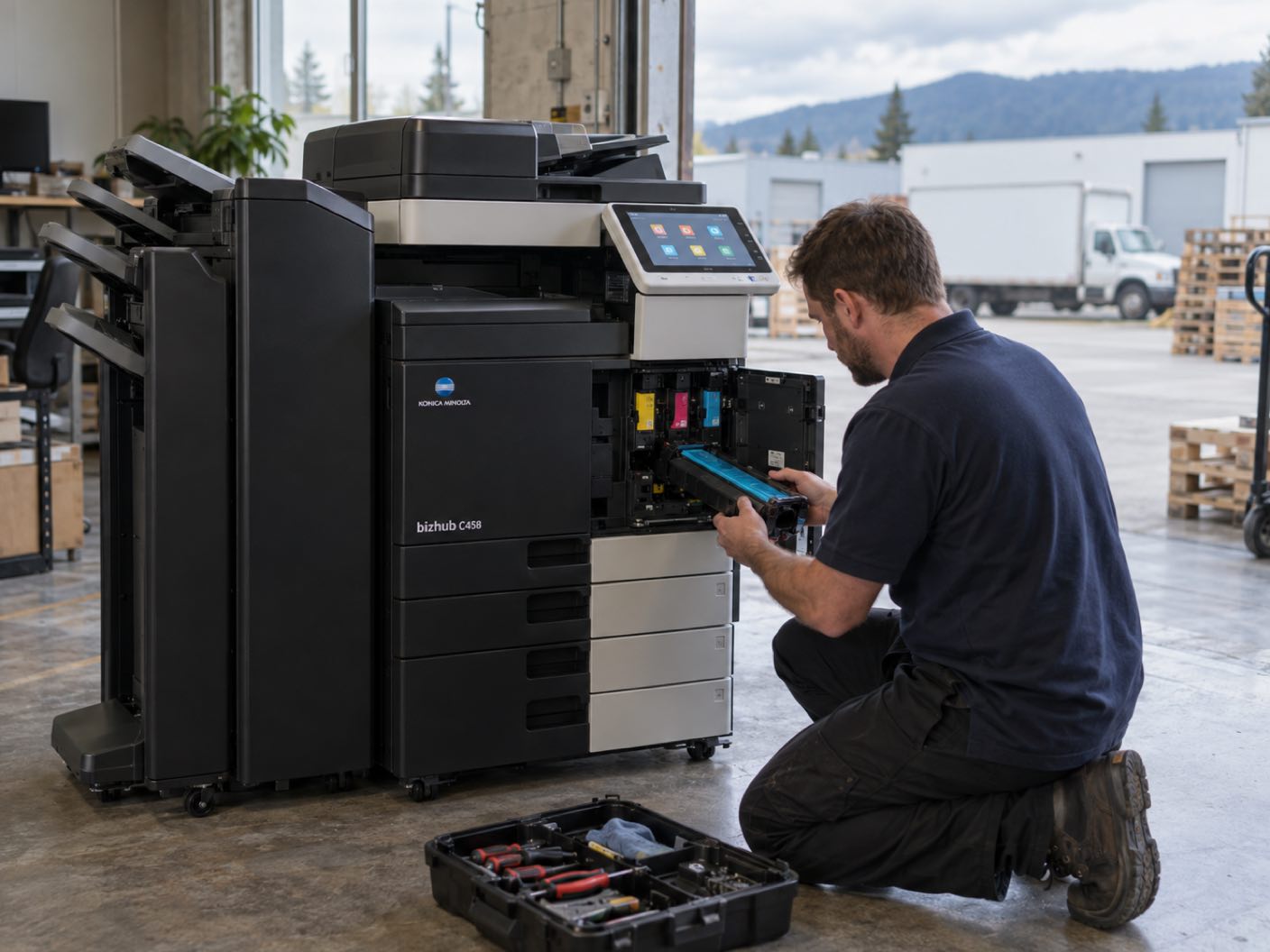 A technician kneeling at the open front of a Konica Minolta bizhub C458 copier, fitting a cyan toner cartridge, in a warehouse back office, an open roller door onto stacked pallets and a box truck.