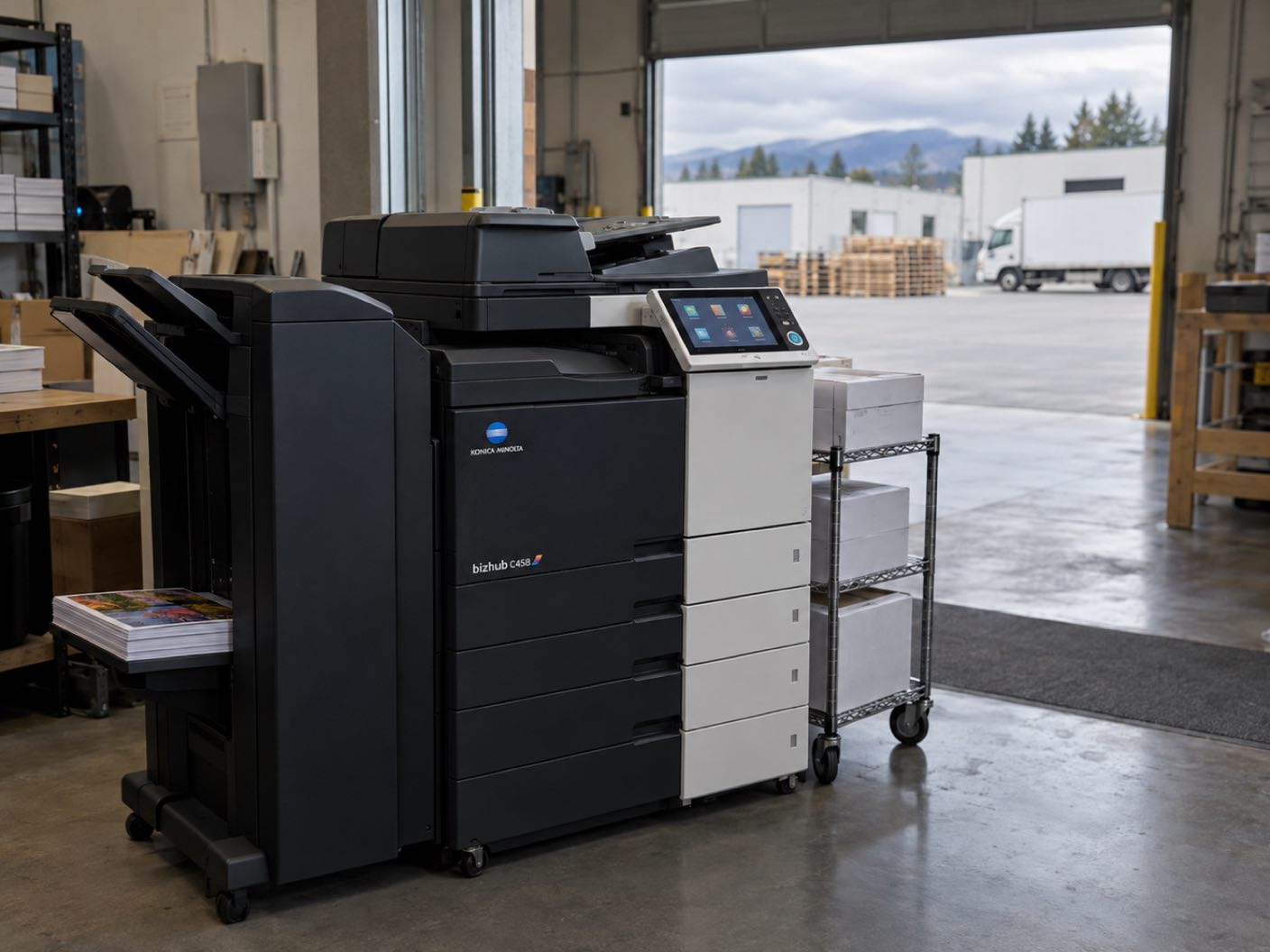 A Konica Minolta bizhub C458 copier standing ready with printed colour pages in its output tray, in a warehouse back office, an open roller door onto stacked pallets and a box truck.