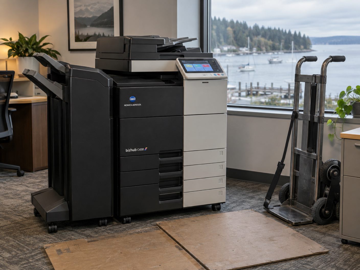A Konica Minolta bizhub C458 copier newly delivered and standing in position, a delivery trolley and floor protection beside it, in an office window over a calm lake shore with moored boats.