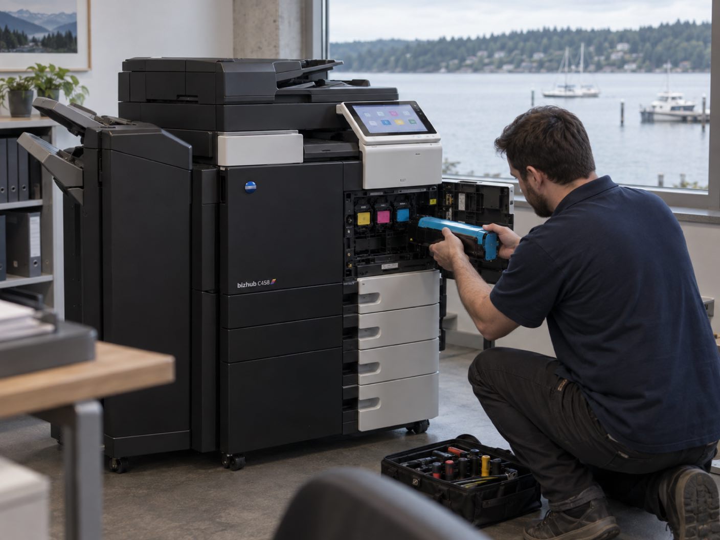 A technician kneeling at the open front of a Konica Minolta bizhub C458 copier, fitting a cyan toner cartridge, in an office window over a calm lake shore with moored boats.