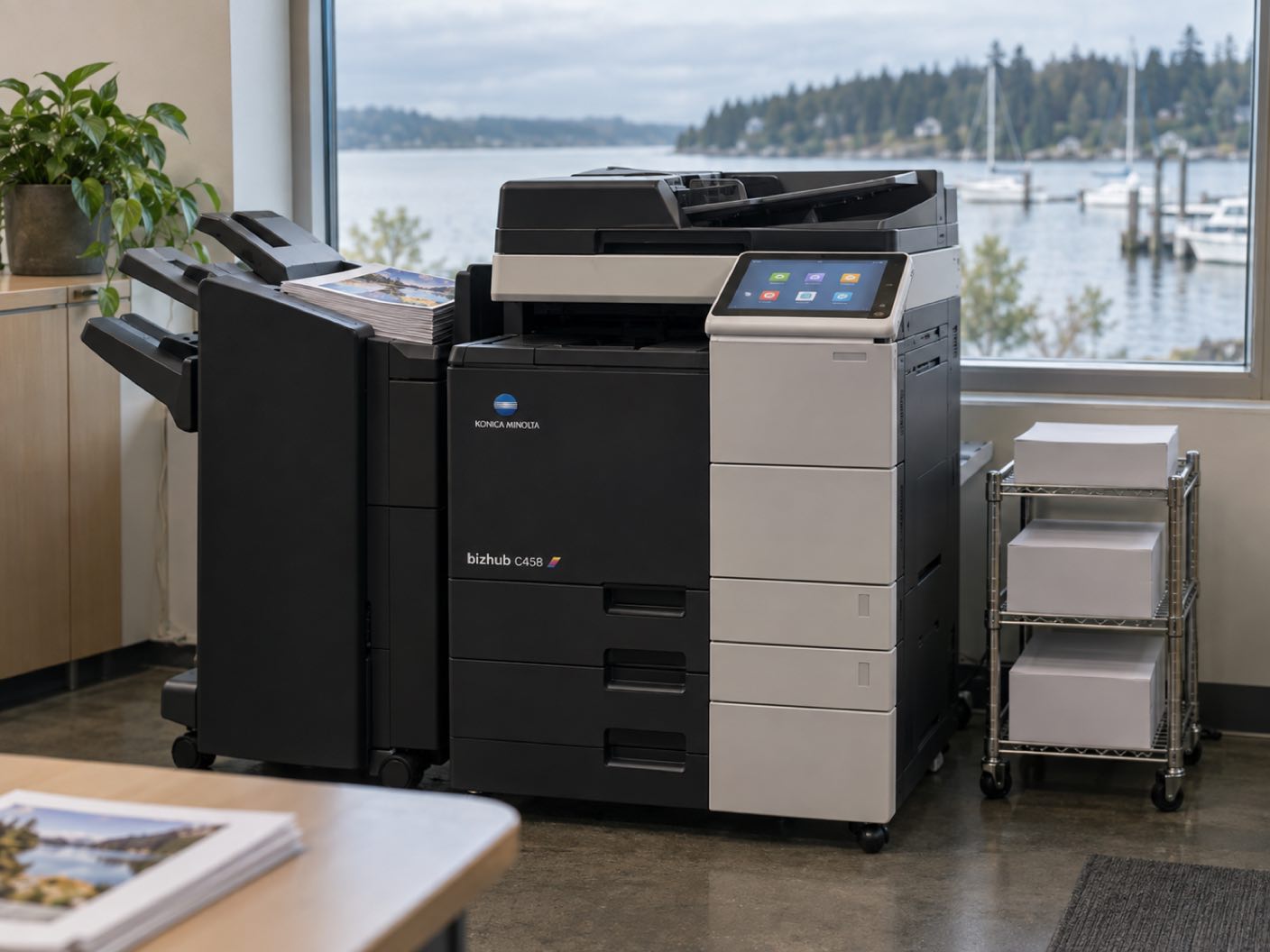 A Konica Minolta bizhub C458 copier standing ready with printed colour pages in its output tray, in an office window over a calm lake shore with moored boats.
