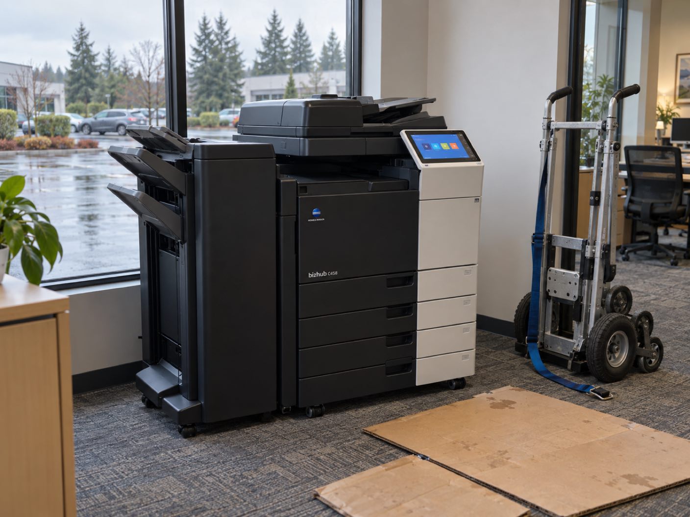 A Konica Minolta bizhub C458 copier newly delivered and standing in position, a delivery trolley and floor protection beside it, in a suburban business park office, low modern units and firs beyond a wet car park.
