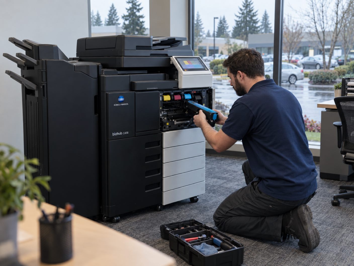 A technician kneeling at the open front of a Konica Minolta bizhub C458 copier, fitting a cyan toner cartridge, in a suburban business park office, low modern units and firs beyond a wet car park.