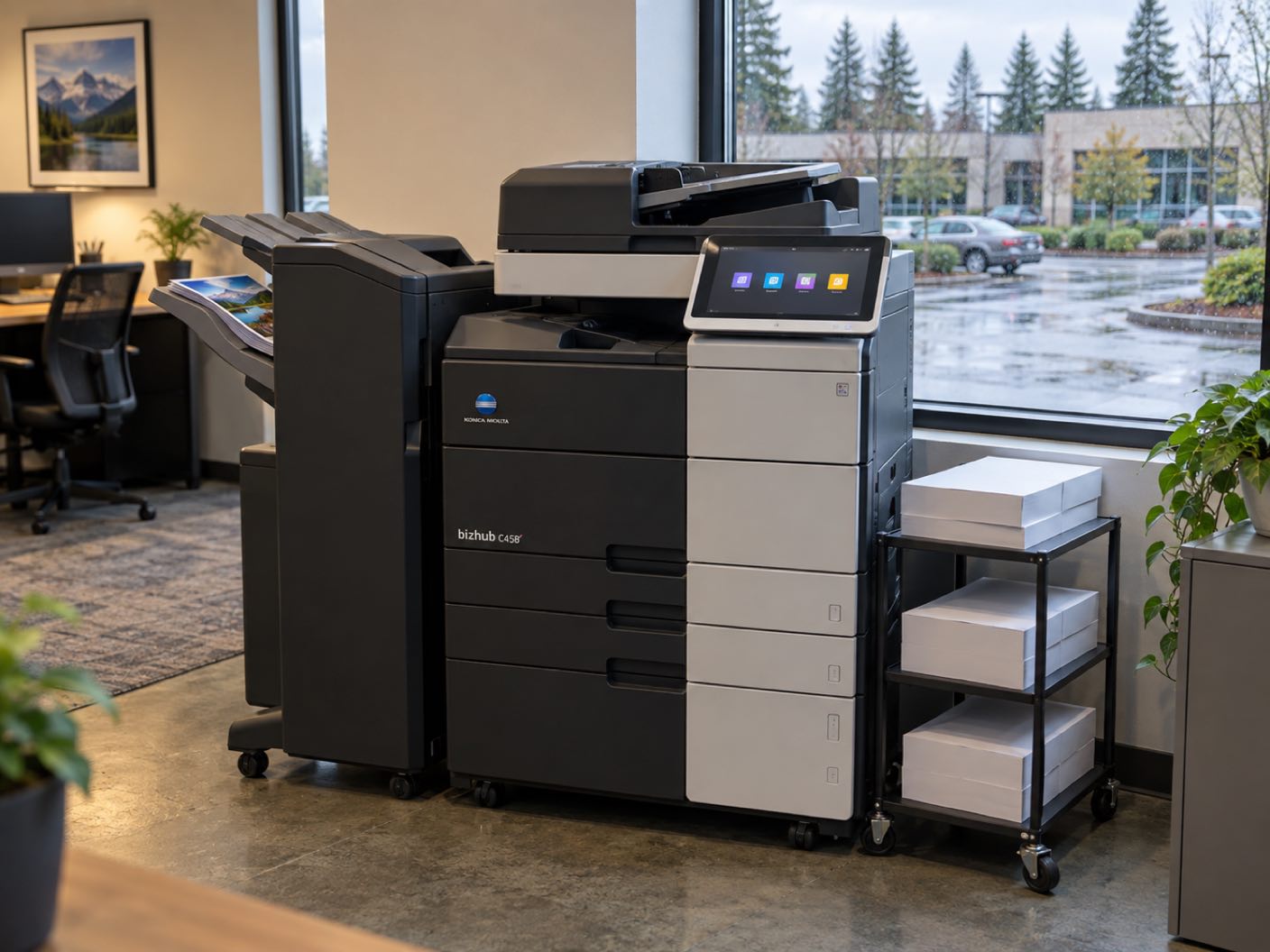 A Konica Minolta bizhub C458 copier standing ready with printed colour pages in its output tray, in a suburban business park office, low modern units and firs beyond a wet car park.