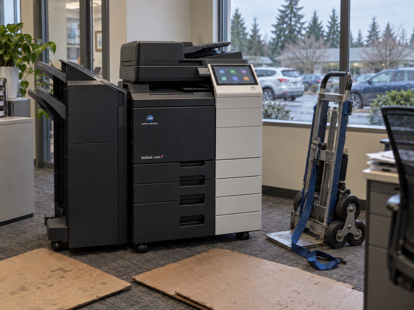 A Konica Minolta bizhub C458 copier newly delivered and standing in position, a delivery trolley and floor protection beside it, in a suburban office in a low building, a car park and dark evergreens outside.