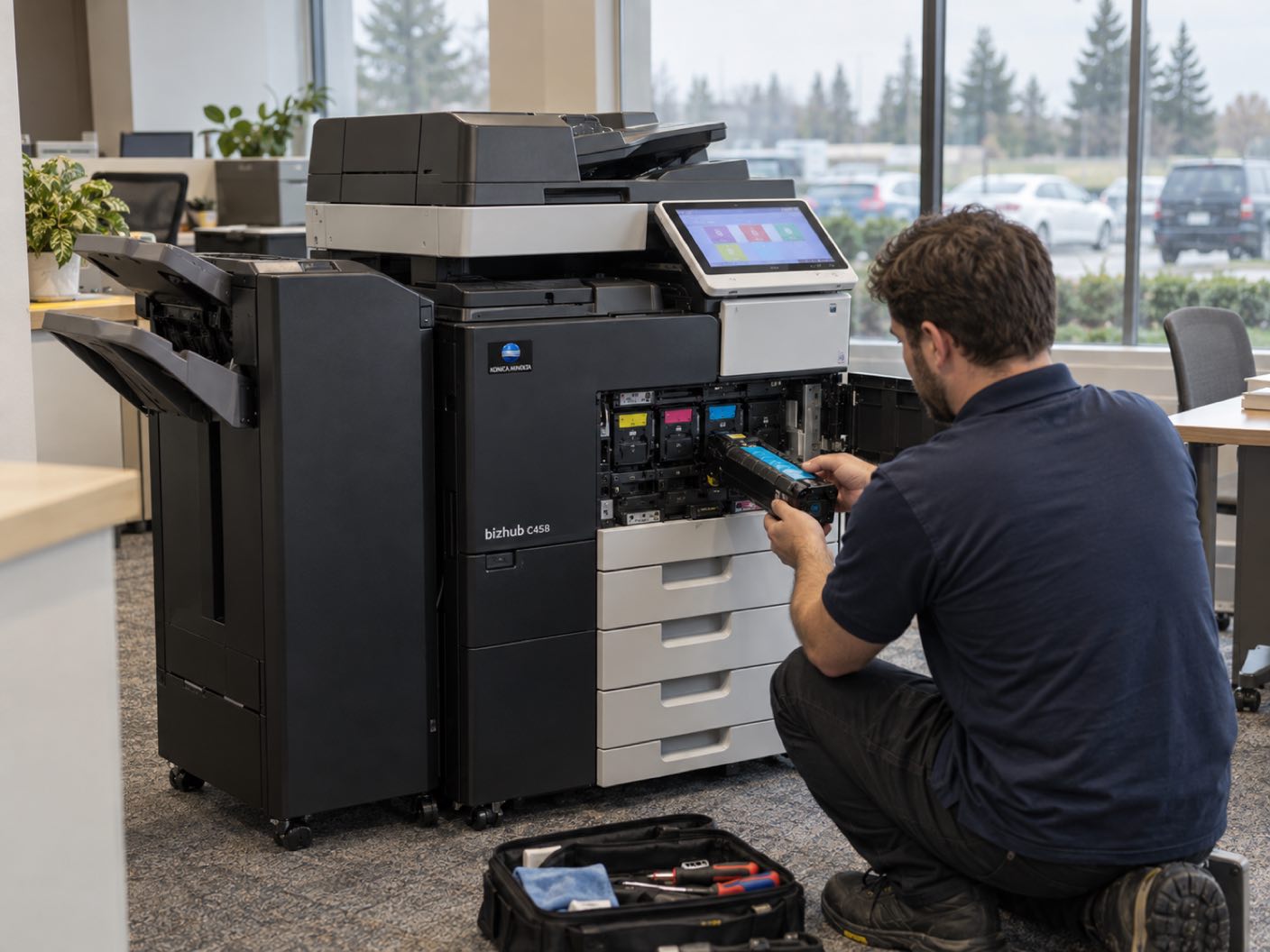 A technician kneeling at the open front of a Konica Minolta bizhub C458 copier, fitting a cyan toner cartridge, in a suburban office in a low building, a car park and dark evergreens outside.