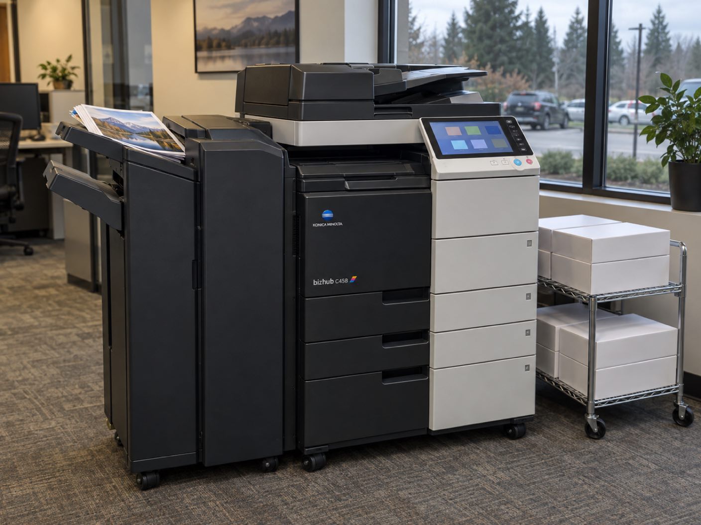 A Konica Minolta bizhub C458 copier standing ready with printed colour pages in its output tray, in a suburban office in a low building, a car park and dark evergreens outside.