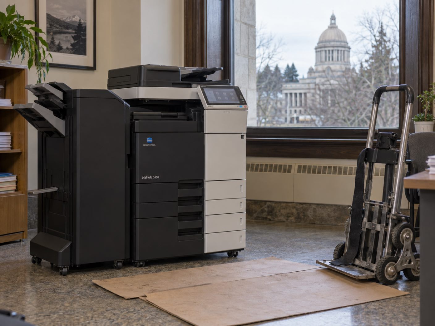 A Konica Minolta bizhub C458 copier newly delivered and standing in position, a delivery trolley and floor protection beside it, in a civic office with the pale dome of a state capitol building through the sash window.