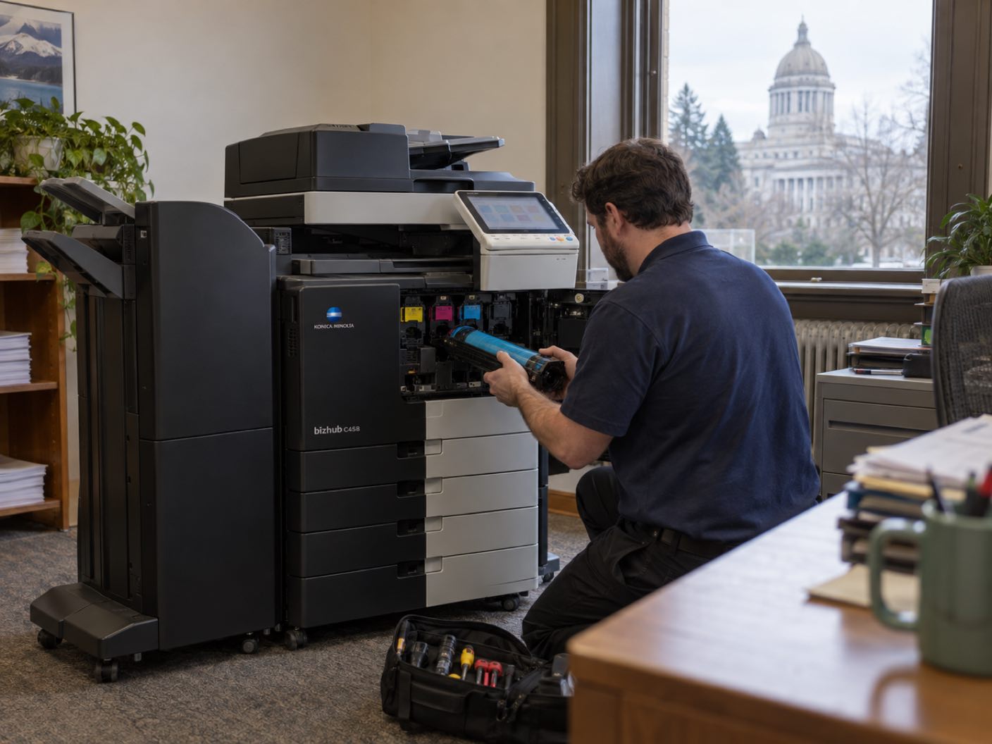 A technician kneeling at the open front of a Konica Minolta bizhub C458 copier, fitting a cyan toner cartridge, in a civic office with the pale dome of a state capitol building through the sash window.