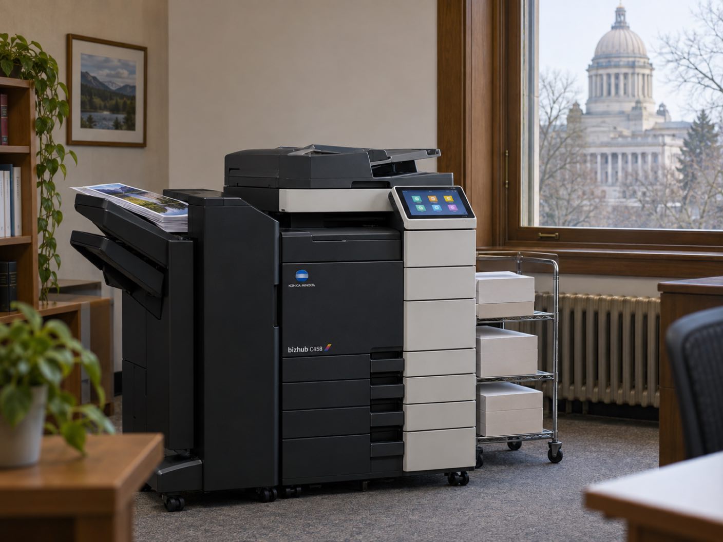 A Konica Minolta bizhub C458 copier standing ready with printed colour pages in its output tray, in a civic office with the pale dome of a state capitol building through the sash window.