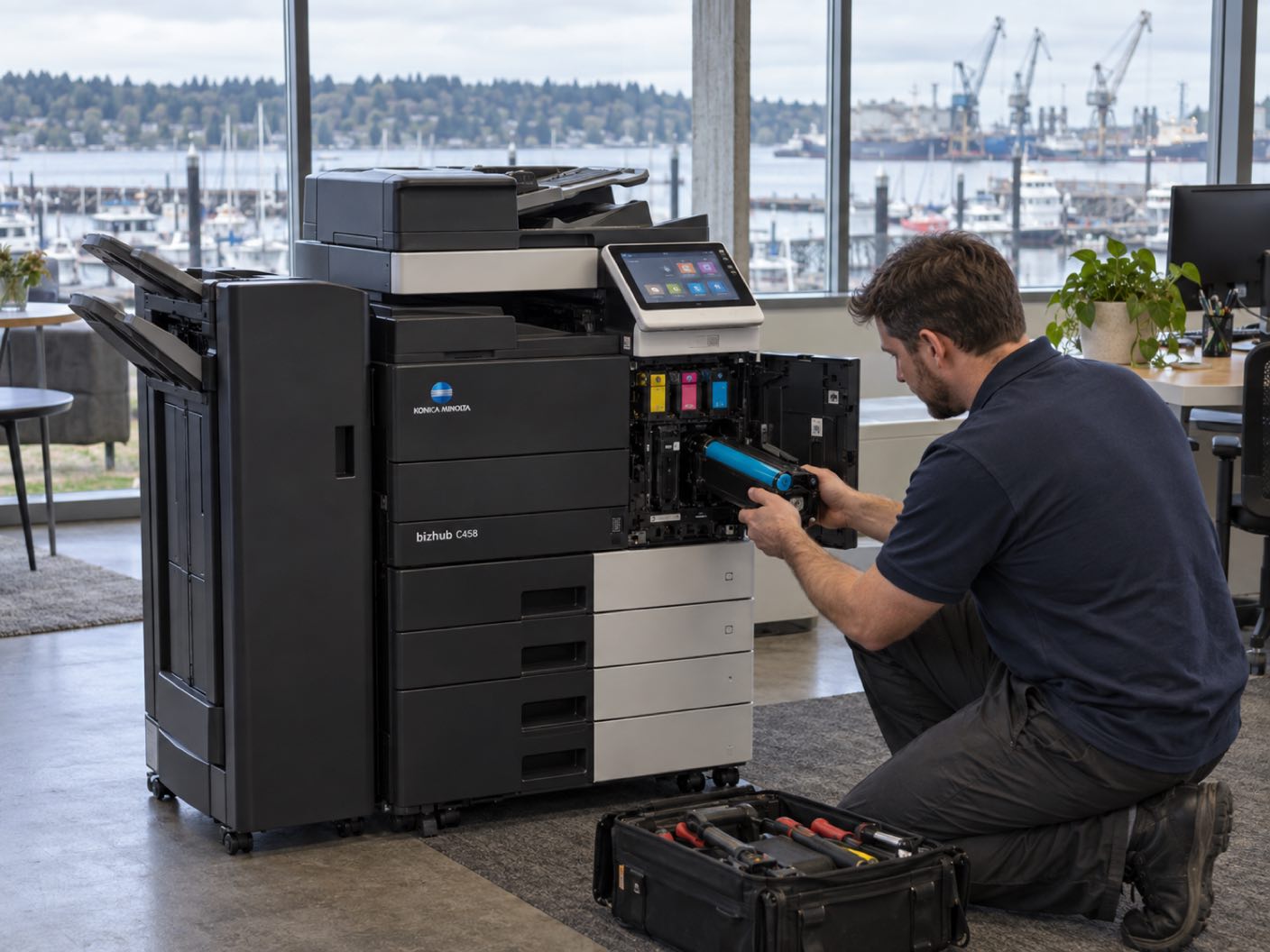 A technician kneeling at the open front of a Konica Minolta bizhub C458 copier, fitting a cyan toner cartridge, in an office over a small waterfront, a marina of moored boats and shipyard cranes across the inlet.