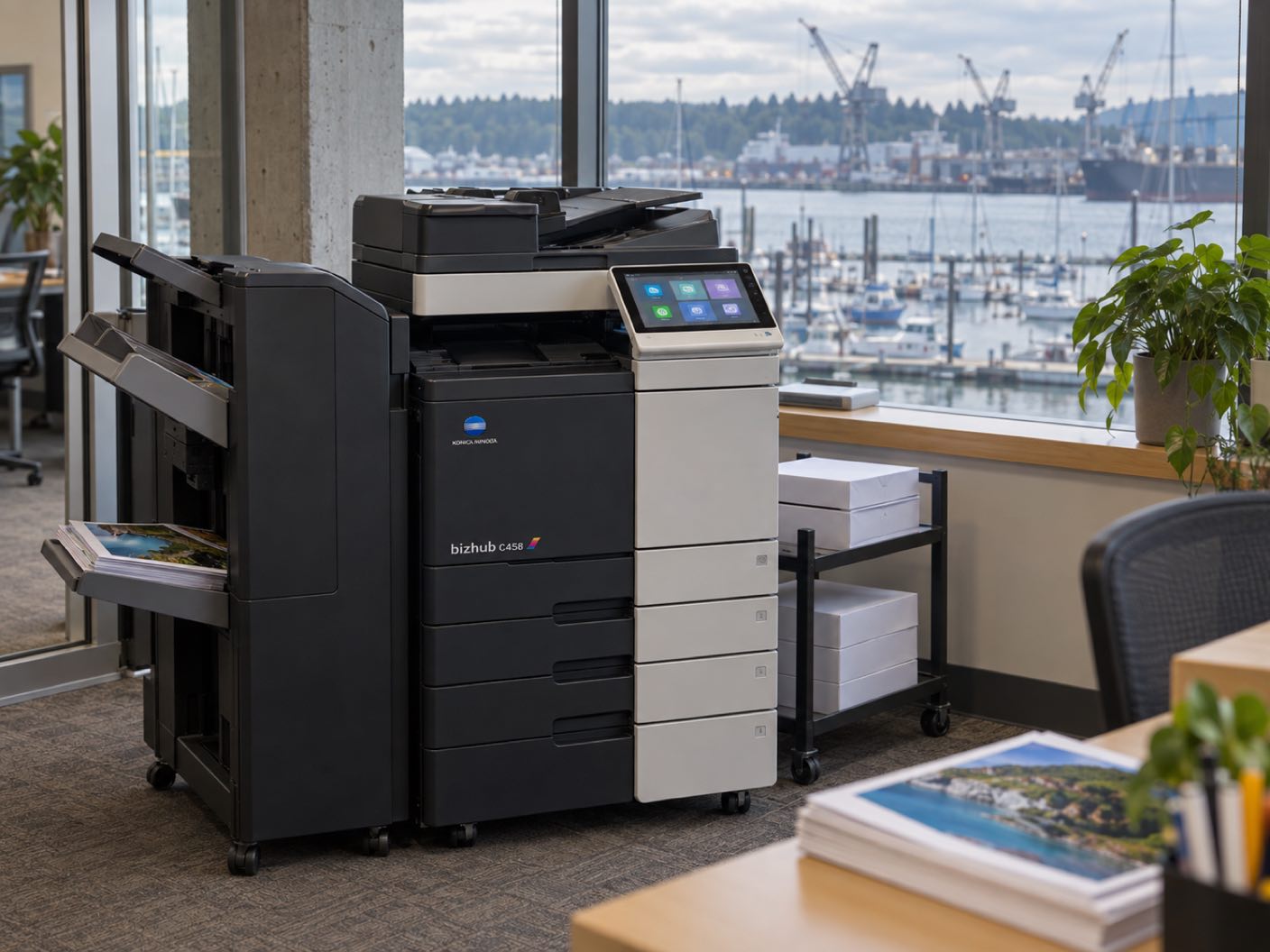 A Konica Minolta bizhub C458 copier standing ready with printed colour pages in its output tray, in an office over a small waterfront, a marina of moored boats and shipyard cranes across the inlet.