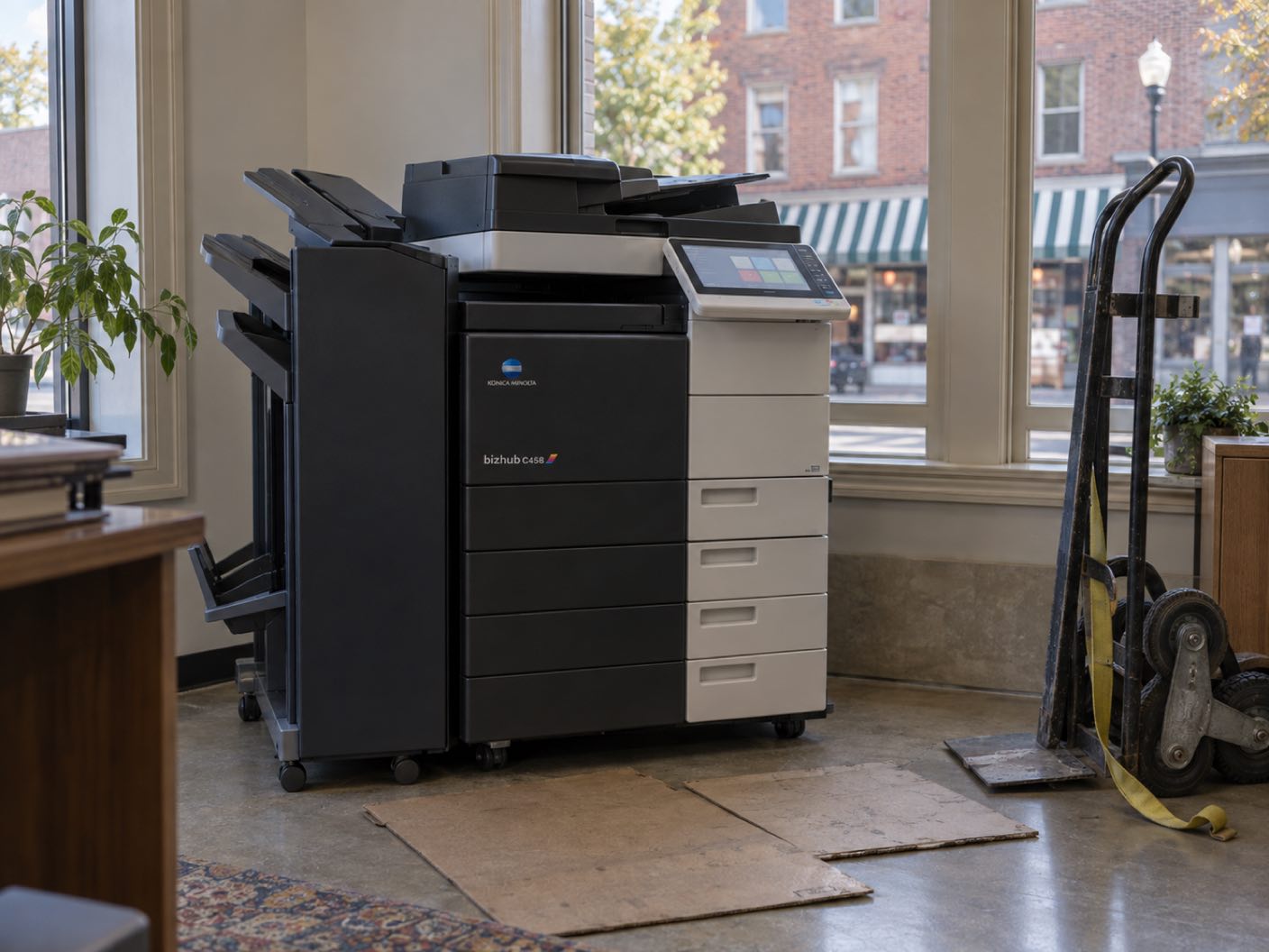 A Konica Minolta bizhub C458 copier newly delivered and standing in position, a delivery trolley and floor protection beside it, in an office on an older main street, brick buildings and a striped awning across the road.