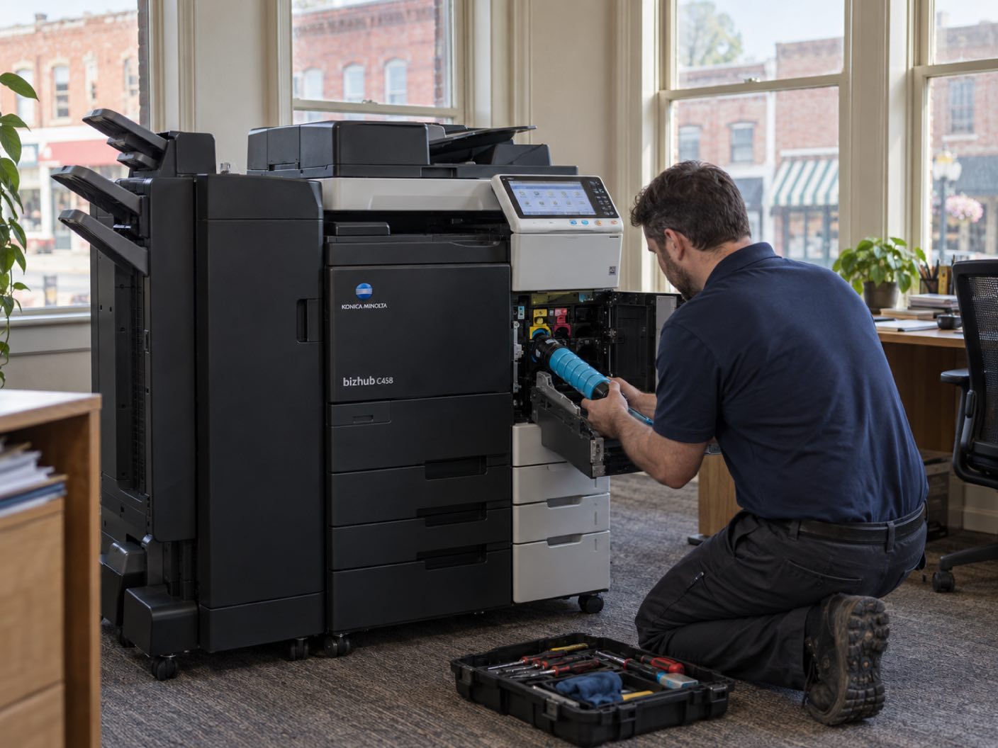 A technician kneeling at the open front of a Konica Minolta bizhub C458 copier, fitting a cyan toner cartridge, in an office on an older main street, brick buildings and a striped awning across the road.