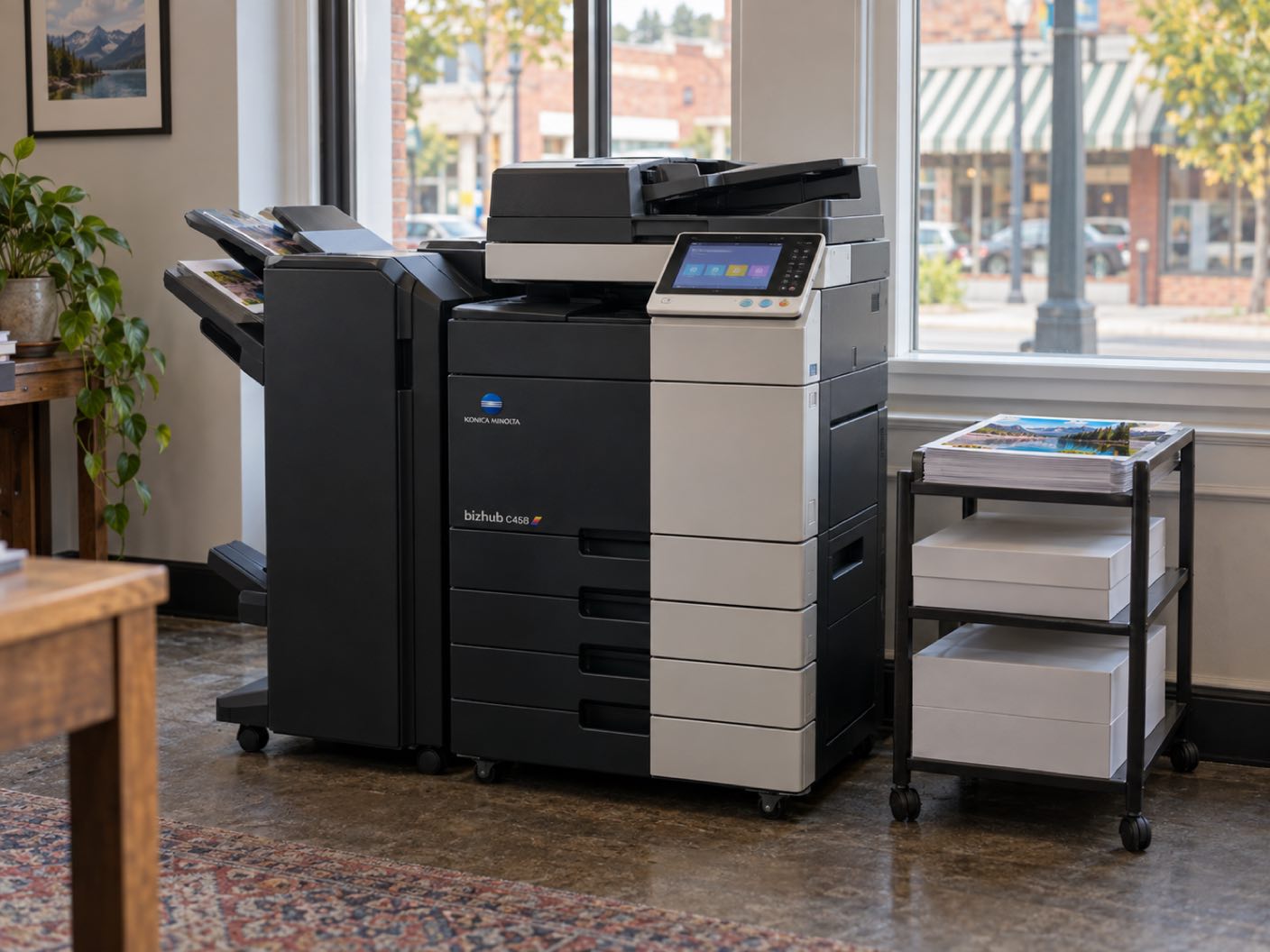 A Konica Minolta bizhub C458 copier standing ready with printed colour pages in its output tray, in an office on an older main street, brick buildings and a striped awning across the road.