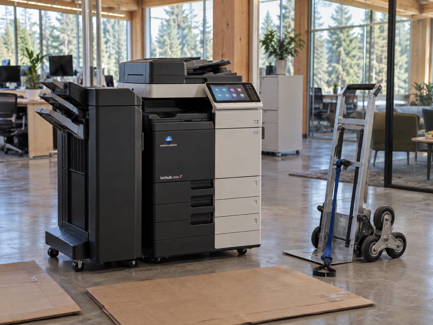 A Konica Minolta bizhub C658 copier newly delivered and standing in position, a delivery trolley and floor protection beside it, in an open plan office of pale timber and glass, tall evergreens outside.