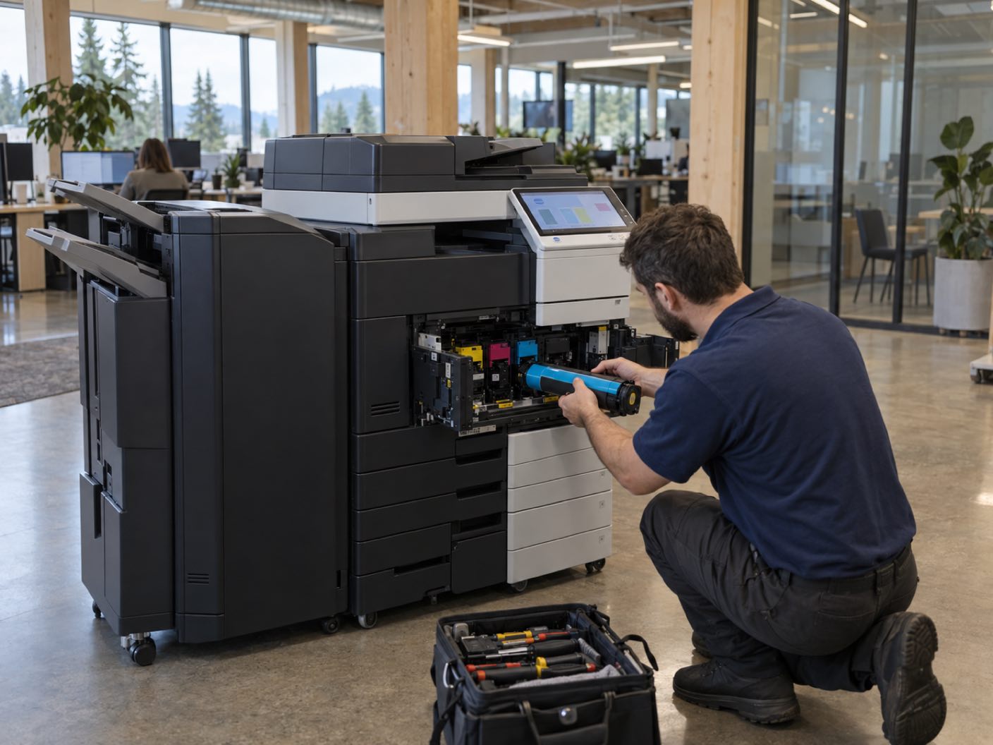 A technician kneeling at the open front of a Konica Minolta bizhub C658 copier, fitting a cyan toner cartridge, in an open plan office of pale timber and glass, tall evergreens outside.