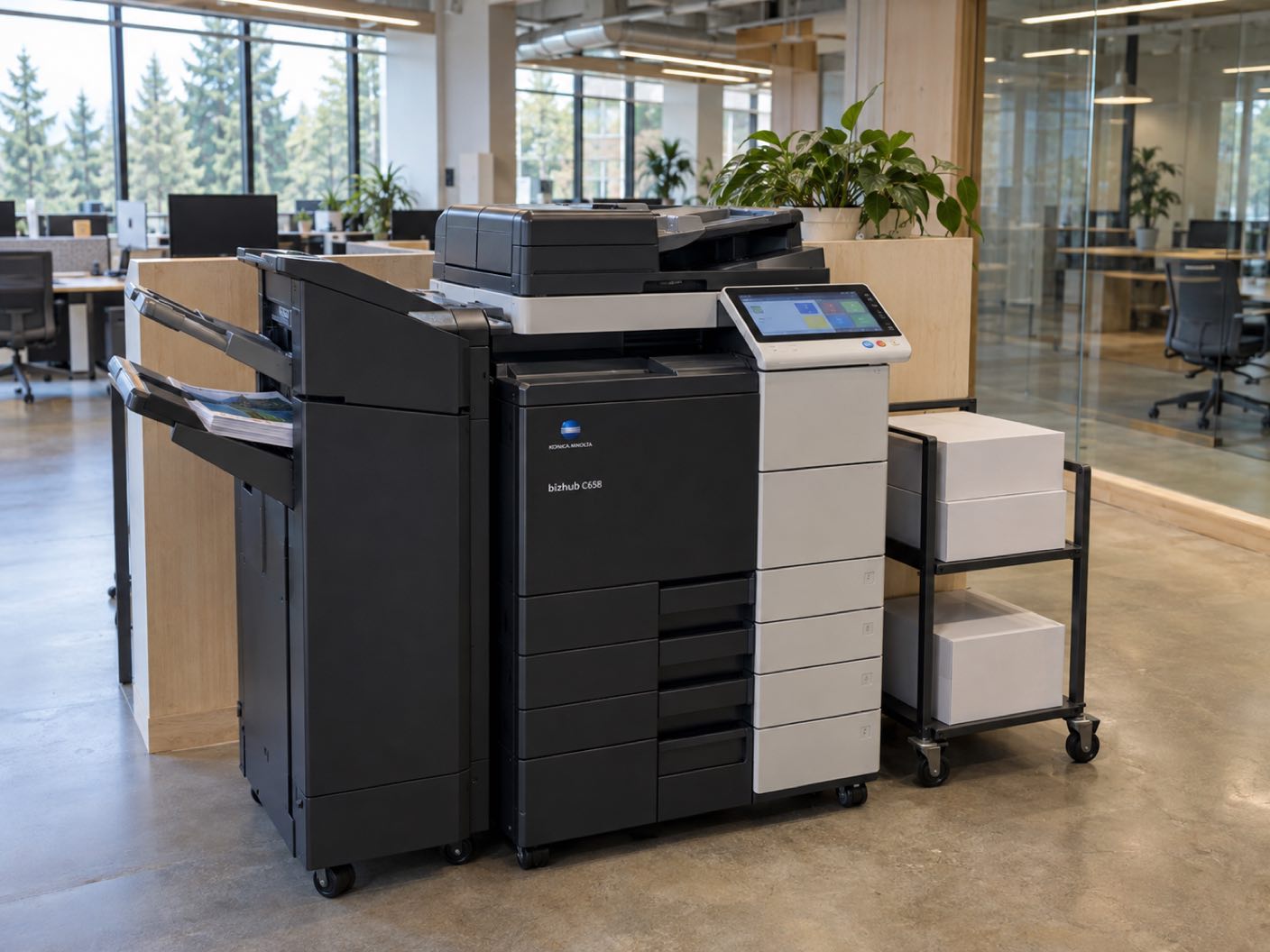 A Konica Minolta bizhub C658 copier standing ready with printed colour pages in its output tray, in an open plan office of pale timber and glass, tall evergreens outside.