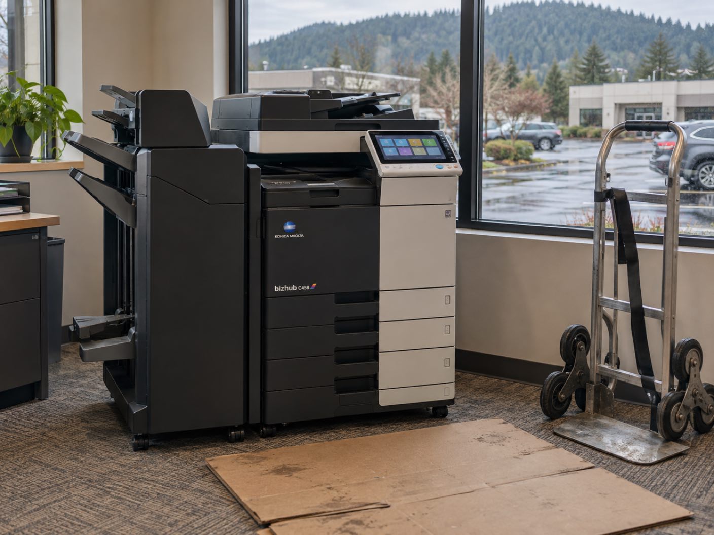 A Konica Minolta bizhub C458 copier newly delivered and standing in position, a delivery trolley and floor protection beside it, in a business park office, low units and wooded hills through the window.