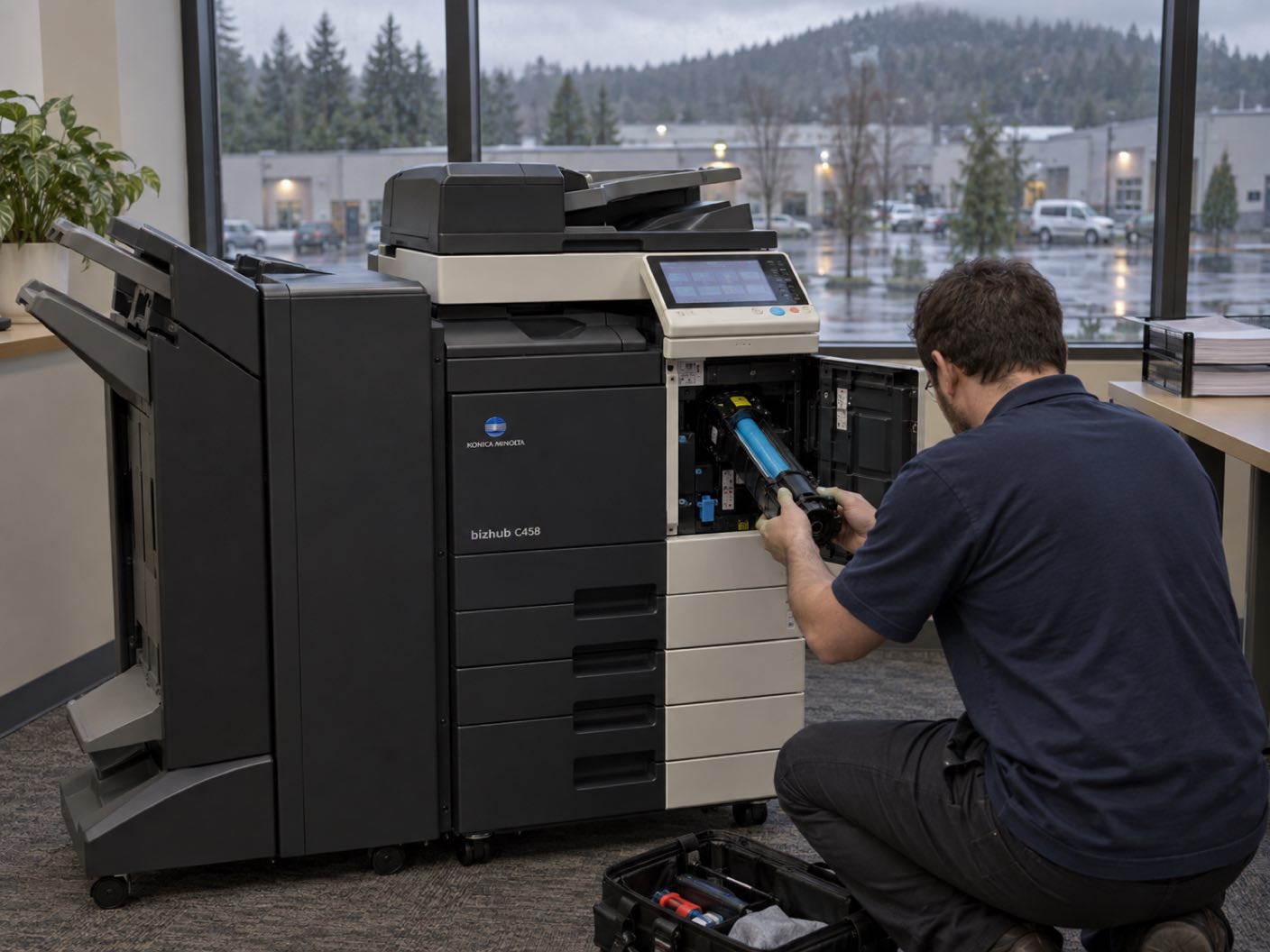 A technician kneeling at the open front of a Konica Minolta bizhub C458 copier, fitting a cyan toner cartridge, in a business park office, low units and wooded hills through the window.