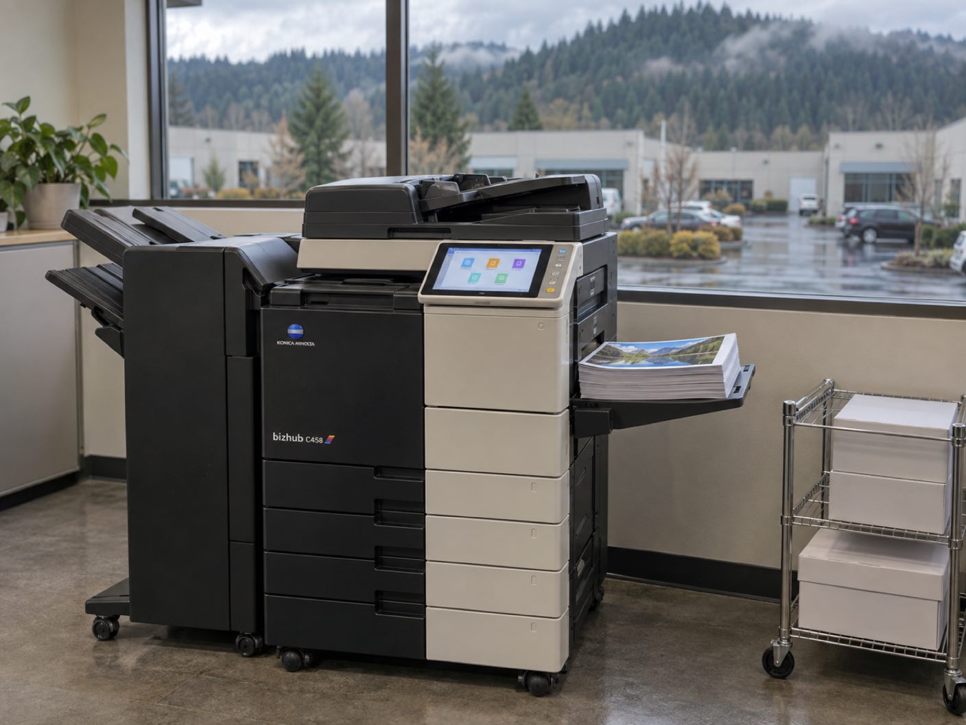 A Konica Minolta bizhub C458 copier standing ready with printed colour pages in its output tray, in a business park office, low units and wooded hills through the window.