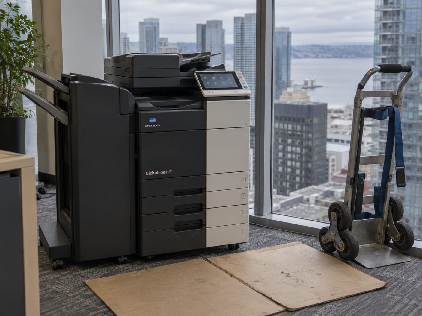 A Konica Minolta bizhub C658 copier newly delivered and standing in position, a delivery trolley and floor protection beside it, in a high rise office, downtown towers and a strip of grey water beyond the window.