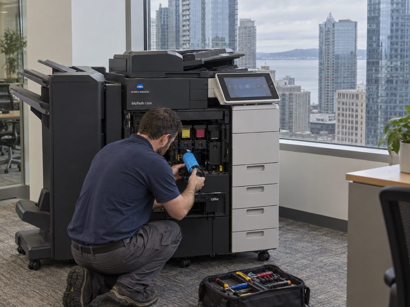 A technician kneeling at the open front of a Konica Minolta bizhub C658 copier, fitting a cyan toner cartridge, in a high rise office, downtown towers and a strip of grey water beyond the window.