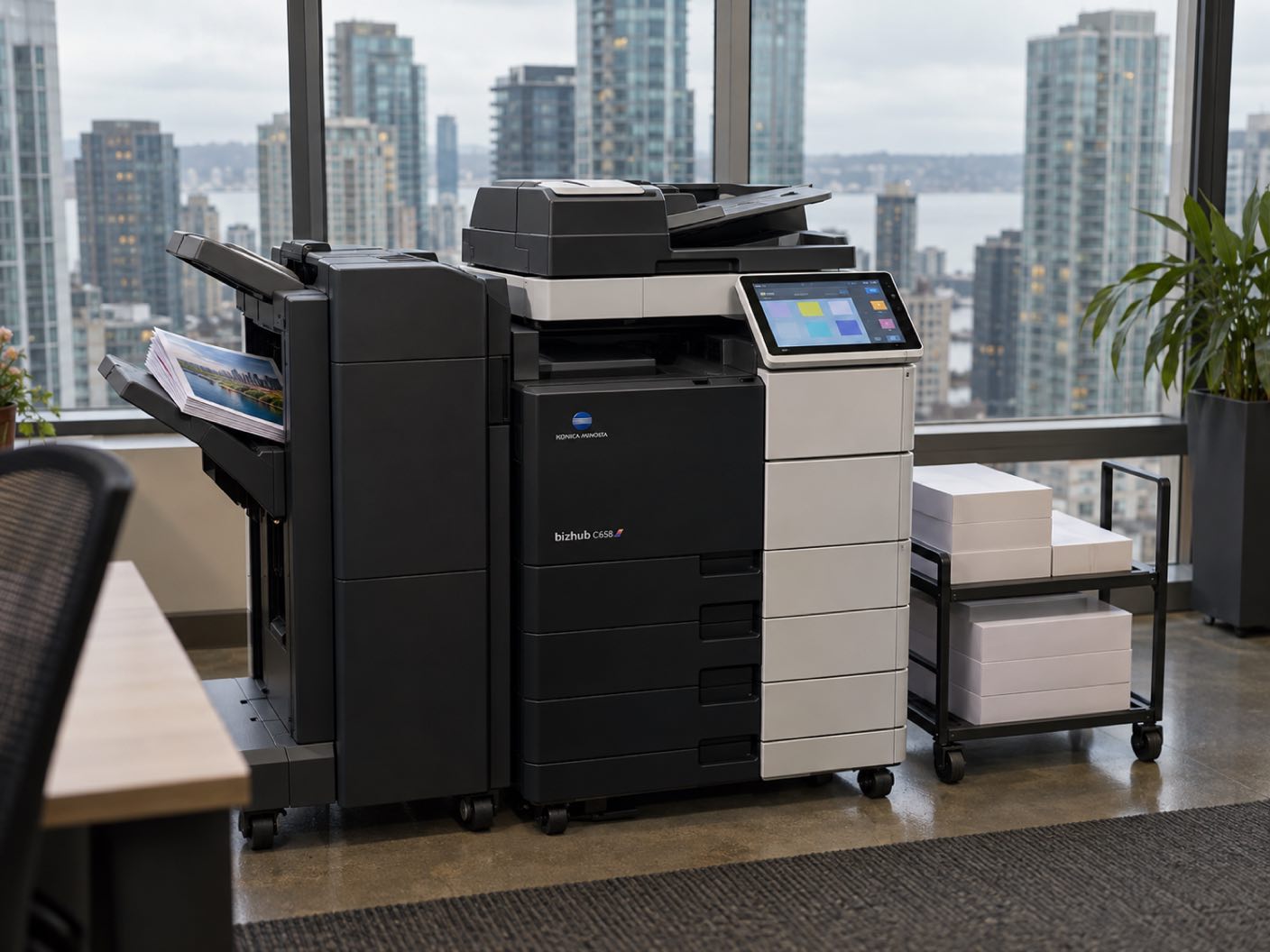 A Konica Minolta bizhub C658 copier standing ready with printed colour pages in its output tray, in a high rise office, downtown towers and a strip of grey water beyond the window.