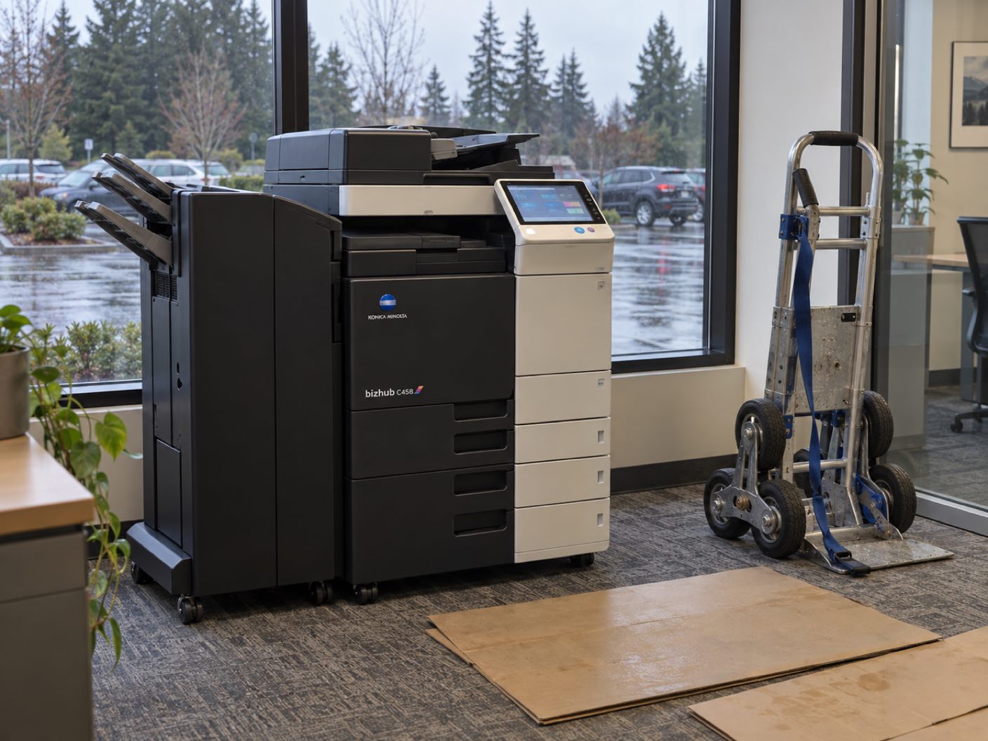 A Konica Minolta bizhub C458 copier newly delivered and standing in position, a delivery trolley and floor protection beside it, in a suburban business park office, a wet car park and dark firs outside.