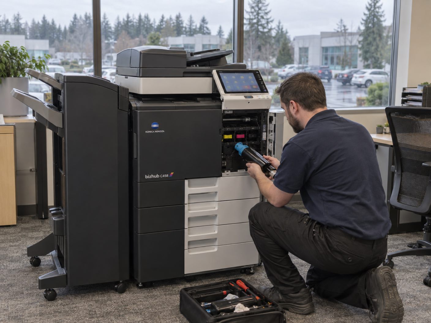 A technician kneeling at the open front of a Konica Minolta bizhub C458 copier, fitting a cyan toner cartridge, in a suburban business park office, a wet car park and dark firs outside.
